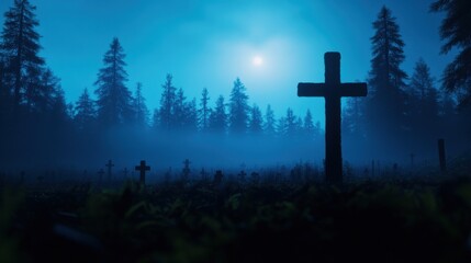 A serene graveyard under a misty moonlight, with crosses silhouetted against a dark blue sky and dense forest.