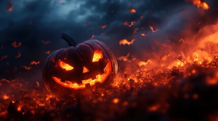 Naklejka premium A spooky Halloween pumpkin glowing amidst a fiery background, evoking thrill and charm of the Halloween season.