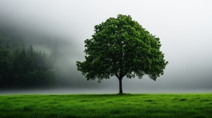 Fototapeta premium A solitary tree stands gracefully in a misty landscape, surrounded by lush green grass and soft fog, embodying tranquility and nature's beauty.
