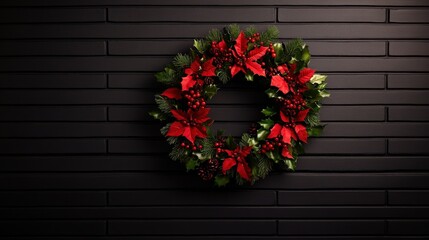 A vibrant Christmas wreath adorned with red poinsettias and green foliage against a sleek black wall.