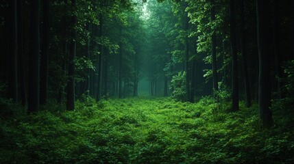 Obraz premium Lush forest with vibrant greenery and serene atmosphere, inviting exploration and tranquility in nature's embrace.