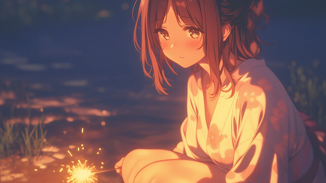 Anime Girl with Sparkler on Summer Night