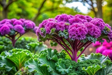 Fototapeta premium Lush green leaves frame a stunning kale flower plant, showcasing beautiful purple blooms that add vibrant color and