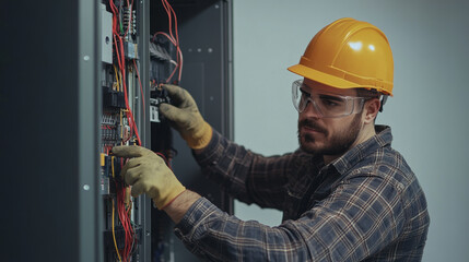 An electrician wearing protective gear, carefully wiring an electrical panel in a modern home, with tools laid out beside him,