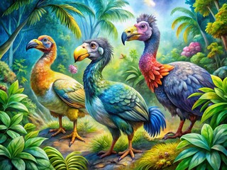 Obraz premium Majestic dodo birds thrive in their natural habitat, exhibiting distinct characteristics and highlighting their