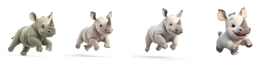 Fototapeta premium Playful Baby Rhino in Cartoon Style - 3D Rendering in C4D Isolated on White Background, Generative AI