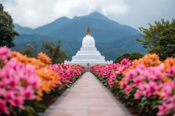 Buddhist stupa surrounded by flowers, symbolic of the cycle of life, death, and rebirth, stupa architecture, rebirth symbolism, Realistic Photo captured with Sony A70 III