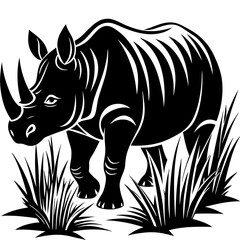 Rhinoceros Silhouette Walking Through Tall Grass Vector black Art