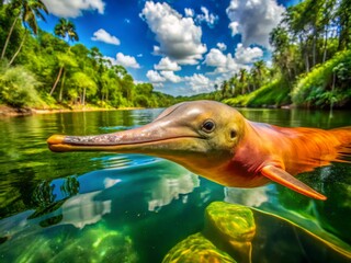 Playful Amazon River Dolphin Swimming in Clear Waters Surrounded by Lush Green Rainforest Environment