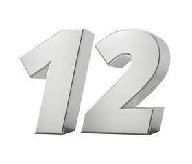 Silver 3d numbers 12 twelve. Isolated white background 3d illustration
