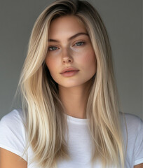 Fototapeta premium Blond woman smiling, straight hair with a middle parting, long hair, hairstyle, blond balayage color, hair salon background