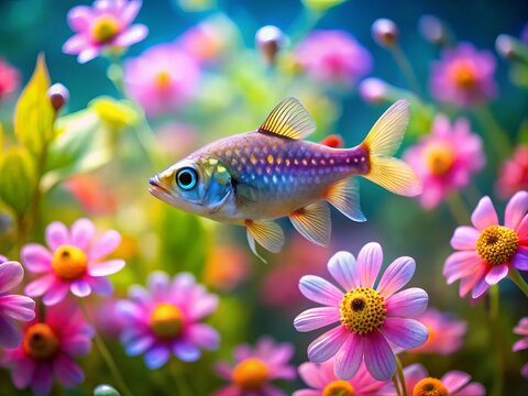 Radiant ricefish glide elegantly through a kaleidoscope of colors in a serene underwater setting, illuminated by