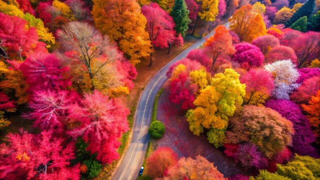 Radiant pink autumn leaves adorn a picturesque pathway, crafting a dreamy fall landscape that invites leisurely strolls