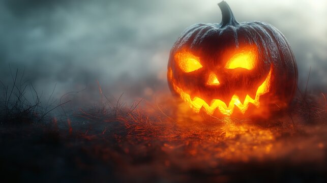 Spooky Halloween Pumpkin in Foggy Atmosphere