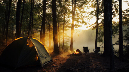 A cozy tent set up in a forest clearing during sunrise, with morning mist around and a campfire nearby, creating a warm and inviting atmosphere.