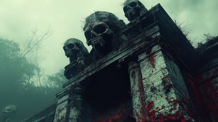 Fototapeta premium Eerie Skull Monument in Foggy Forest Setting