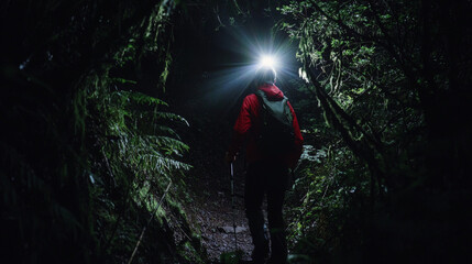 Obraz premium A hiker wearing a headlamp while exploring a dark forest path, the beam of light cutting through the shadows and highlighting the trail.