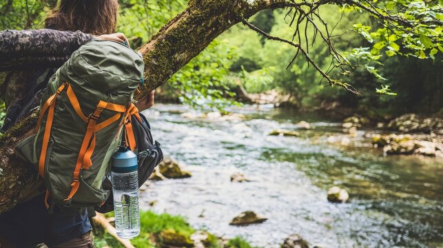 A hydration pack hanging from a tree branch, with a camper drinking water near a river, showing the importance of hydration during hiking.
