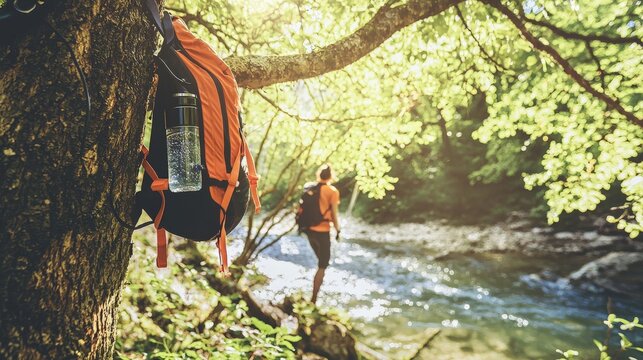 A hydration pack hanging from a tree branch, with a camper drinking water near a river, showing the importance of hydration during hiking.