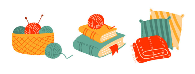 Knitting set. Yarn and threads, skein of wool, knitting needles, yarn basket, textbooks, a knitted blanket and pillows. Needlework, tools for sewing and knitting collection.