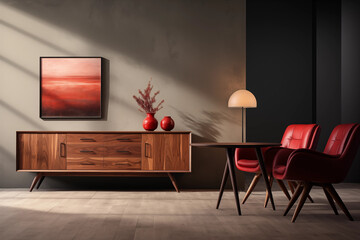 Modern Living Room Interior Design with Red Chairs and Wooden Cabinet