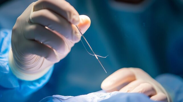 A suture needle and thread being carefully used to close a surgical incision, with a sterile field and soft shadows.