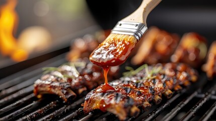 A basting brush laden with sticky, caramelized barbecue sauce.
