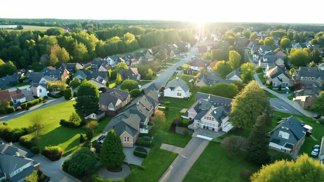 A suburban neighborhood captured from above during golden hour. Rows of houses and tree-lined streets evoke a sense of community and peaceful living.