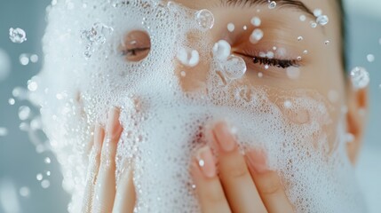Fototapeta premium People wash their faces with glowing water in a peaceful bathroom, capturing the ritual of morning cleanliness and vitality. The soft light highlights the peaceful atmosphere