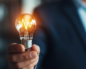 A hand holding a glowing light bulb symbolizing creativity and innovation in a professional setting.