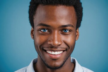 Obraz premium Full framed very close face portrait of a smiling young african man with blue eyes looking at the camera, studio shot,blue background.