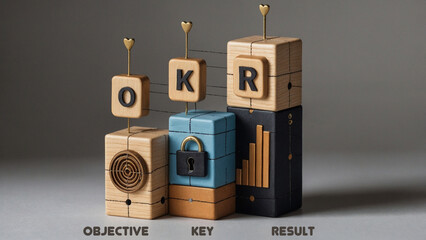 OKR Concept with Wooden Blocks for Objective, Key, and Result
