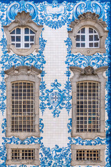 Blue and white portuguese tiles wall.