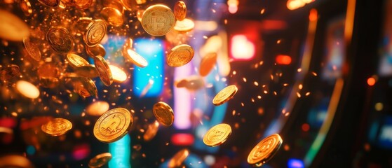 Golden coins raining down from a winning slot machine, vibrant neon lights flashing in the background, symbolizing fortune and the addictive rush of gambling success