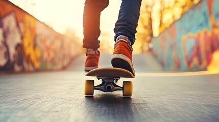 A vibrant sunset skate scene showcasing a skateboarder in motion, capturing the thrill and energy of urban skate culture.