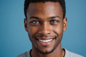 Obraz premium Full framed very close face portrait of a smiling young african american man with blue eyes looking at the camera, studio shot,blue background.