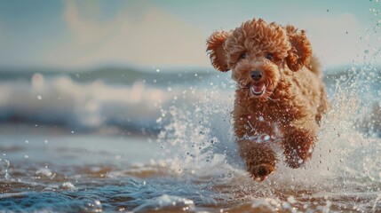 A playful dog joyfully splashes through the waves on a beach, capturing the essence of fun and freedom in the sun.