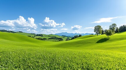 Obraz premium Lush Green Landscape with Blue Sky and Clouds