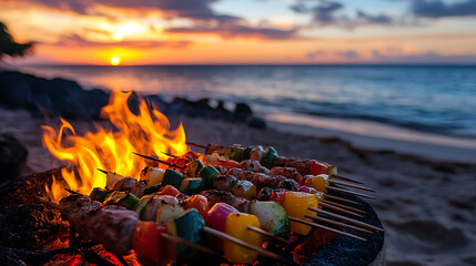 Skewers of vegetables and meat cooking on a beachside barbecue at dusk.