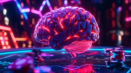 The human brain reimagined as a vibrant casino, neural pathways glowing like neon lights, poker chips and cards embedded in its structure, creating a surreal gambling metaphor