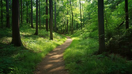 Obraz premium A serene forest path surrounded by lush greenery and trees, inviting exploration and connection with nature.