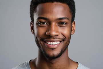 Obraz premium Full framed very close face portrait of a smiling young african american man with gray eyes looking at the camera, studio shot,gray background.
