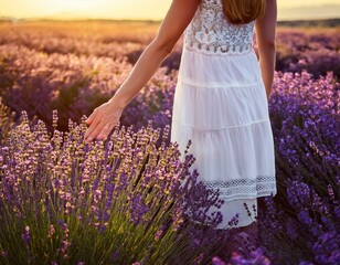 Lavender field at sunset. Valensole plateau, Provence in France. Travel region.