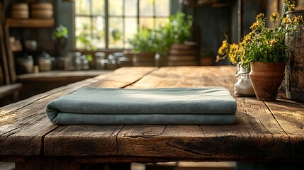 A folded blue cloth rests on a rustic wooden table with a plant in a pot in the background.