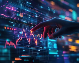 A hologram is touching a growth graph chart on a virtual screen, depicting a business plan, financial market, and stock prices going up
