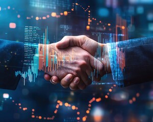 A Handshake is touching a growth graph bar chart on a virtual screen, depicting a business plan, financial market, and stock prices going up