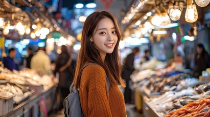 Obraz premium Portrait of beautiful woman shopping in bustling fish market in Busan, South Korea, with travelers experiencing the local culture and fresh seafood