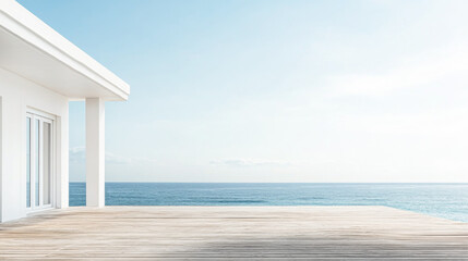 Fototapeta premium Modern coastal deck with ocean view on a clear day surrounded by calm waters and a blue sky