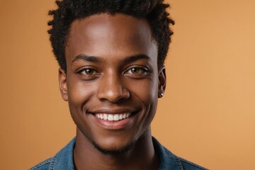 Obraz premium Full framed very close face portrait of a smiling young african american non binary with amber eyes looking at the camera, studio shot,amber background.