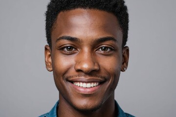 Obraz premium Full framed very close face portrait of a smiling young african american non binary with gray eyes looking at the camera, studio shot,gray background.